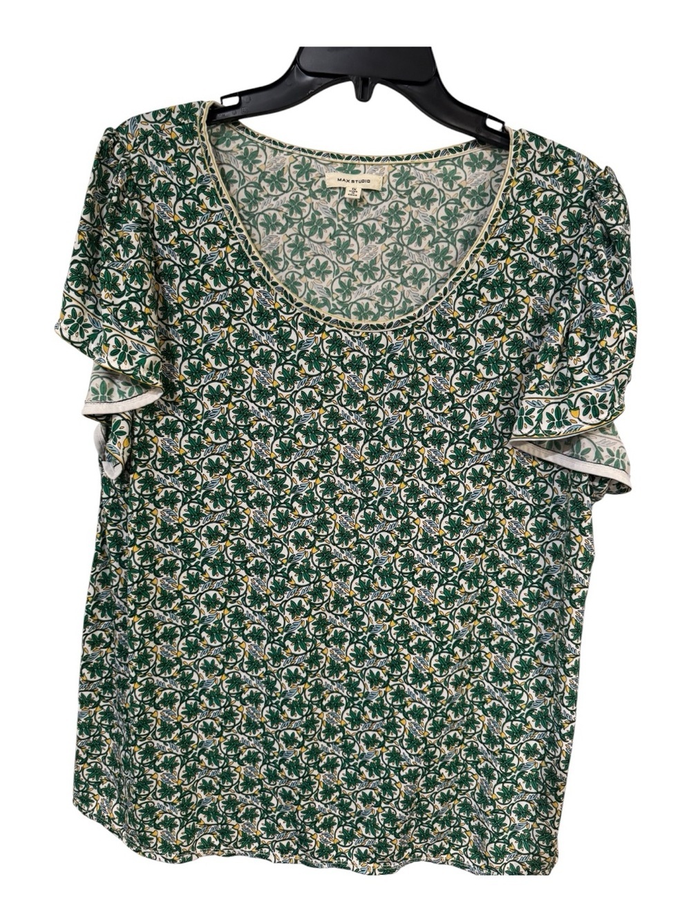 Max Studio 1X Green Botanical Print Flutter Sleeve Knit Top Boho - Picture 2 of 7